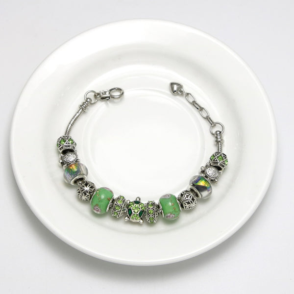 Green Crystal Beads Sea Turtle Adjustable Charm Bracelet