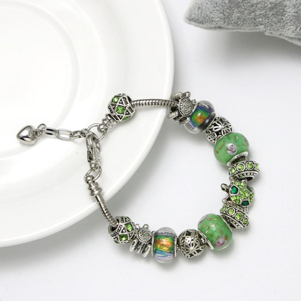 Green Crystal Beads Sea Turtle Adjustable Charm Bracelet
