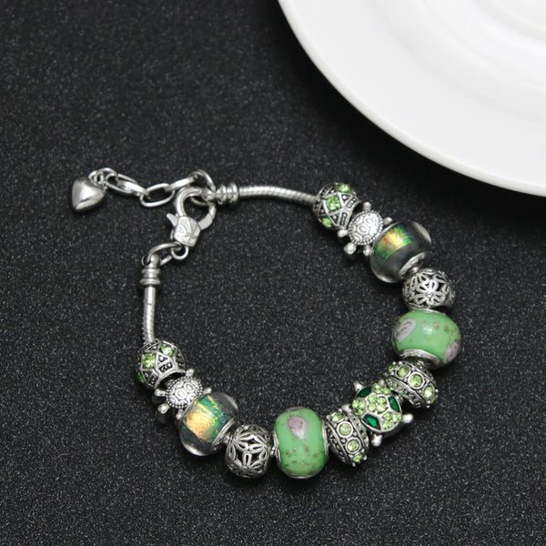 Green Crystal Beads Sea Turtle Adjustable Charm Bracelet