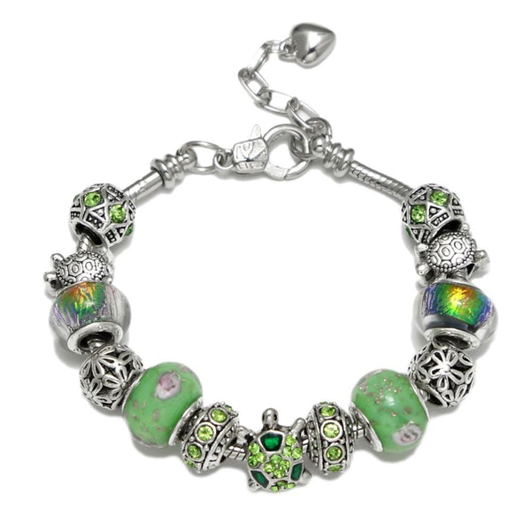Green Crystal Beads Sea Turtle Adjustable Charm Bracelet