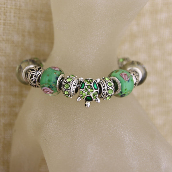 Sea Turtle Green Glass Charm Bracelet