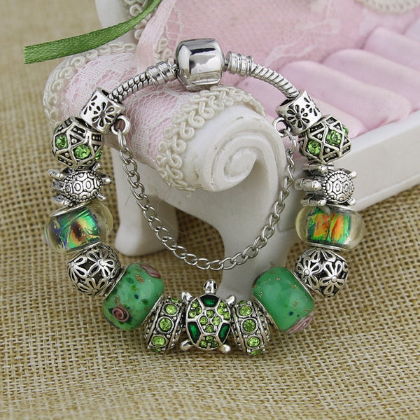 Sea Turtle Green Glass Charm Bracelet