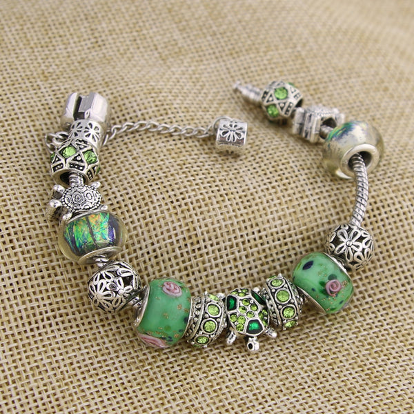 Sea Turtle Green Glass Charm Bracelet