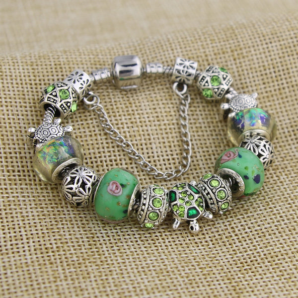 Sea Turtle Green Glass Charm Bracelet