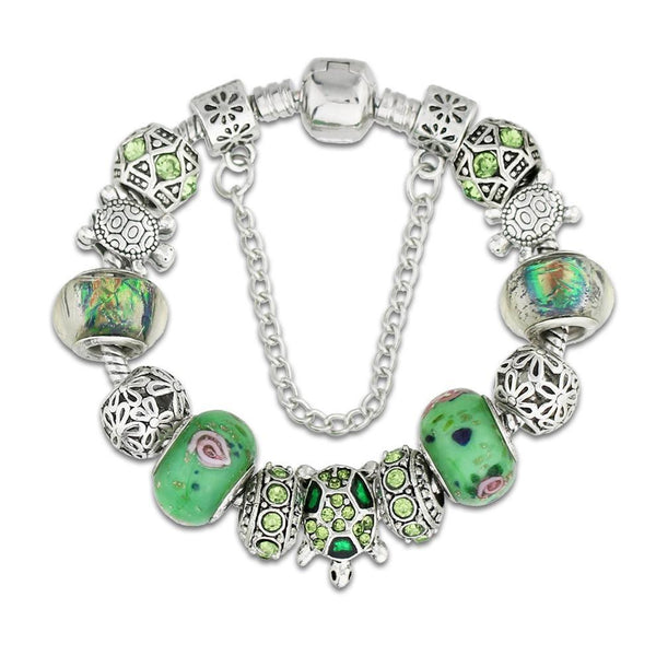 Sea Turtle Green Glass Charm Bracelet
