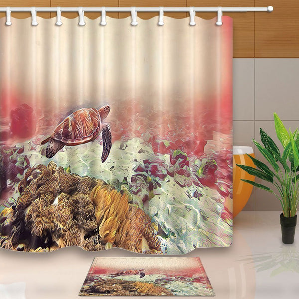 Sea Turtle Mildew Resistant Shower Curtain Floor Doormat Set