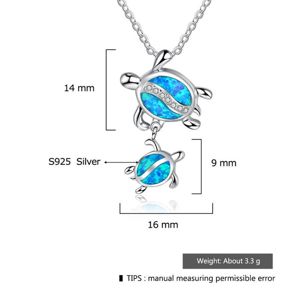 Blue Opal Mom Turtle With Baby Pendant Necklace