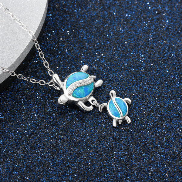 Blue Opal Mom Turtle With Baby Pendant Necklace