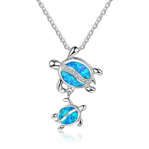 Blue Opal Mom Turtle With Baby Pendant Necklace