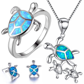 Opal Sea Turtle Pendant Earring Ring Set