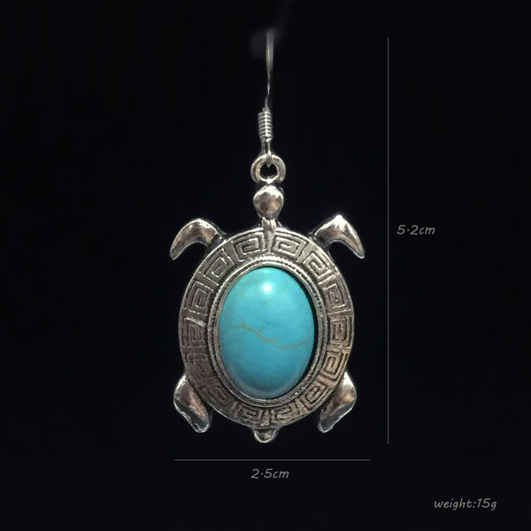 Pair Antique Silver Turquoise Stone Turtle Dangle Ear Ring - Free Shipping!