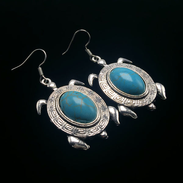 Pair Antique Silver Turquoise Stone Turtle Dangle Ear Ring - Free Shipping!
