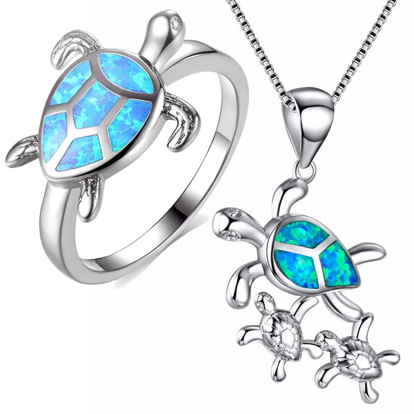 Opal Sea Turtle Pendant Earring Ring Set