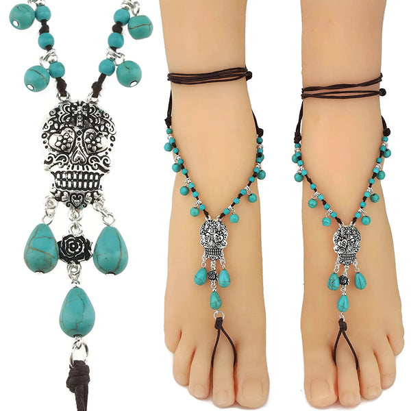 Silver Sugar Skull Turquoise Bead Barefoot Sandals Anklet Pair