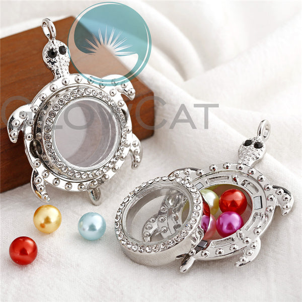 Silver Turtle 8mm Pearl Beads Magnetic Glass Floating Locket Pendant Necklace