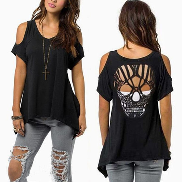 Shoulder Cut Hollow Skull Backless Casual T-Shirt