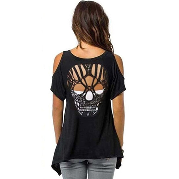 Shoulder Cut Hollow Skull Backless Casual T-Shirt