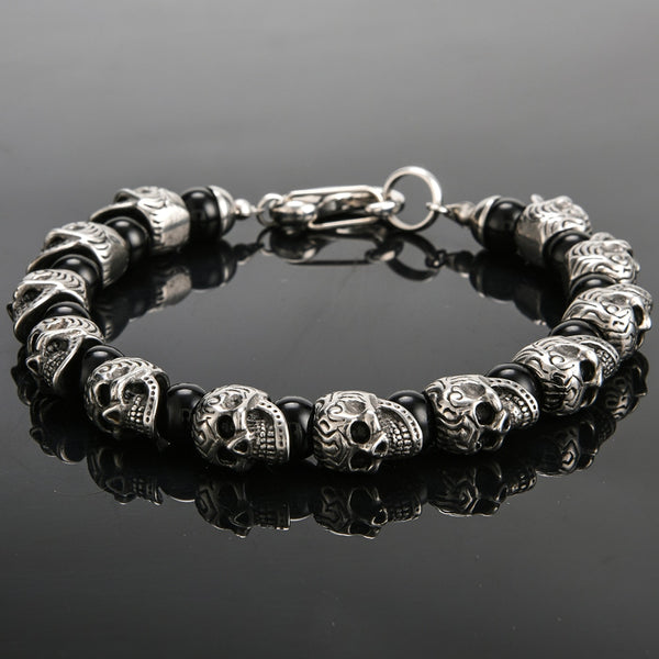Natural Stone Stainless Steel Men Skull Beads Bracelet