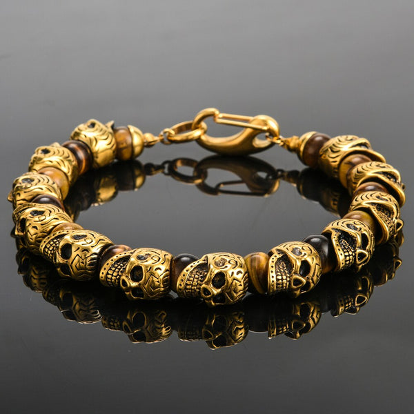 Natural Stone Stainless Steel Men Skull Beads Bracelet