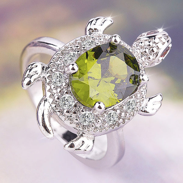 Olive Green Crystal Zircon Turtle Ring