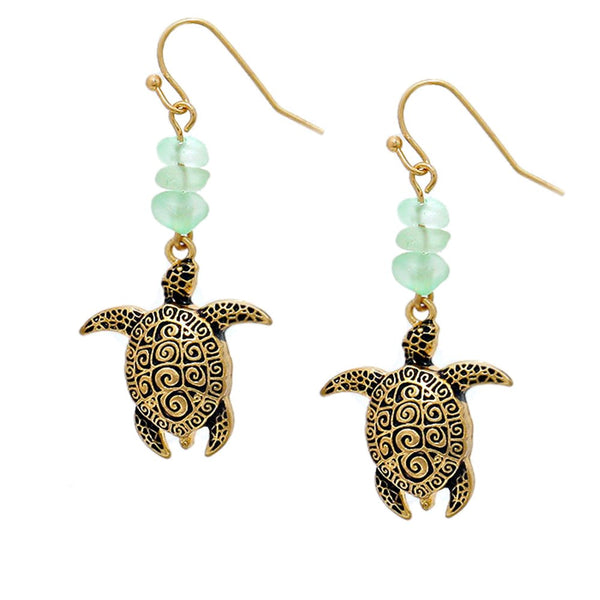 Green Sea Glass Beads Sea Turtle Fashionable Earrings -  Matte Gold
