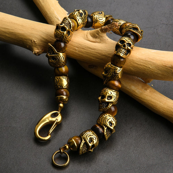 Natural Stone Stainless Steel Men Skull Beads Bracelet