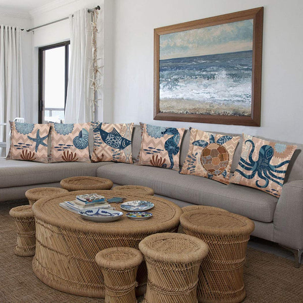 Set of 6 Sea Theme Decorative Square Cushion Cover 18" x 18"(Cover Only,No Insert)