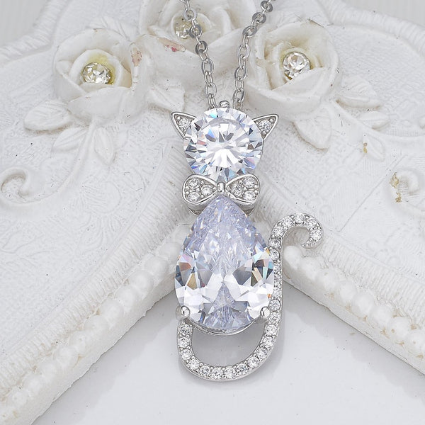 925 Sterling Silver Cubic Zirconia Cat Rolo Chain Pendant Necklace