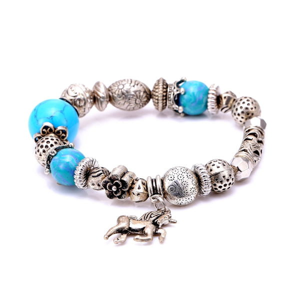 Vintage Natural Stone Silver Elastic Horse Bracelet