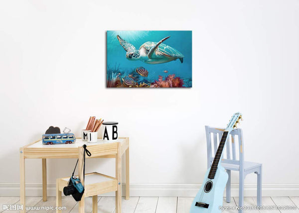 Blue Ocean Sea Turtle Wall Decor Framed Canvas Print - Size:12"x16"inch