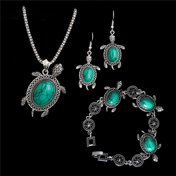 Natural Stone Sea Turtle Pendant Necklace Bracelet Earrings Set