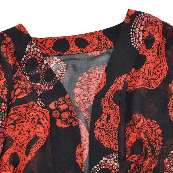 Women's Skull Print Sheer Loose Kimono Cardigan Top Blouse Cover up