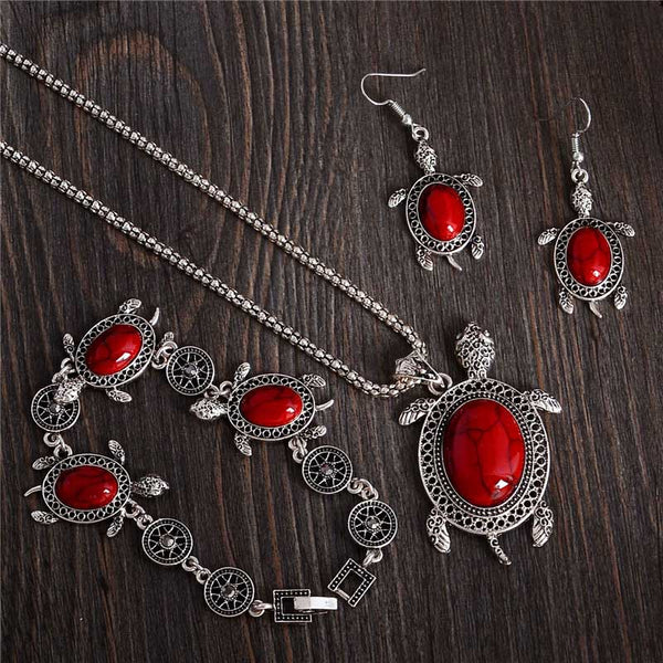 Natural Stone Sea Turtle Pendant Necklace Bracelet Earrings Set