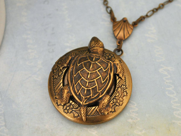 Handmade Antiqued Brass Sea Turtle Floral Locket Necklace