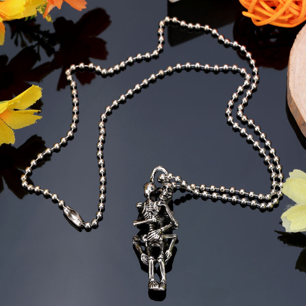 Women's Blue Rhinestone & Enamel Love Skull Pendant Necklace – Cute Gothic Charm