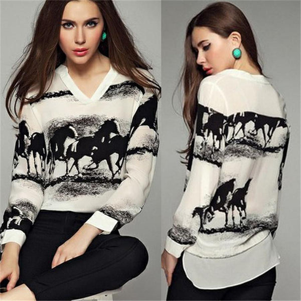 Women's Riding Style Horse Bibs Print Long Sleeve Casual Lapel Shirt