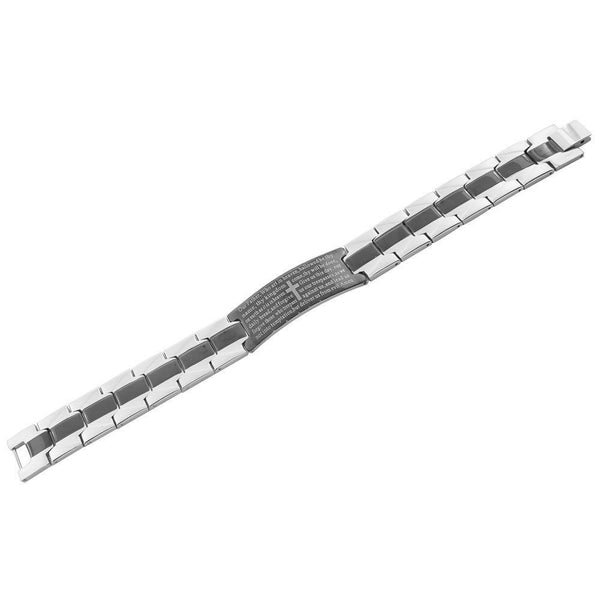 Stainless Steel Black Silver-Tone Religious Cross English Prayer Mens Bracelet - Free Shipping!