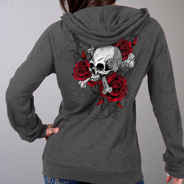 Ladies Skull Roses Dark Gray Hooded Sweatshirt