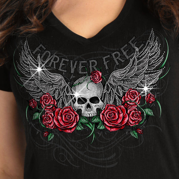 Women Black Short Sleeve Skull Wing Roses T-Shirt