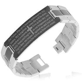 Stainless Steel Black Silver-Tone Religious Cross English Prayer Mens Bracelet - Free Shipping!