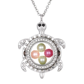 Silver Turtle 8mm Pearl Beads Magnetic Glass Floating Locket Pendant Necklace