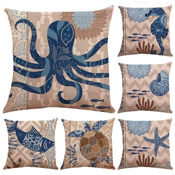 Set of 6 Sea Theme Decorative Square Cushion Cover 18" x 18"(Cover Only,No Insert)