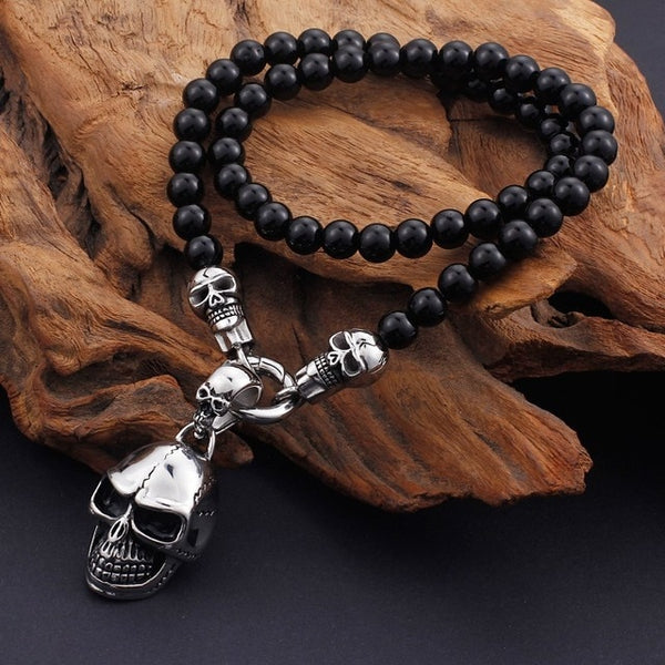 Stainless Steel Skull Head Glass Beads Necklace