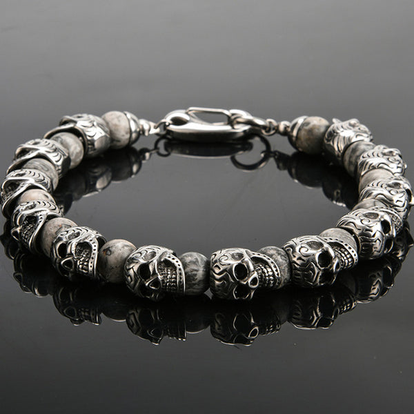 Natural Stone Stainless Steel Men Skull Beads Bracelet