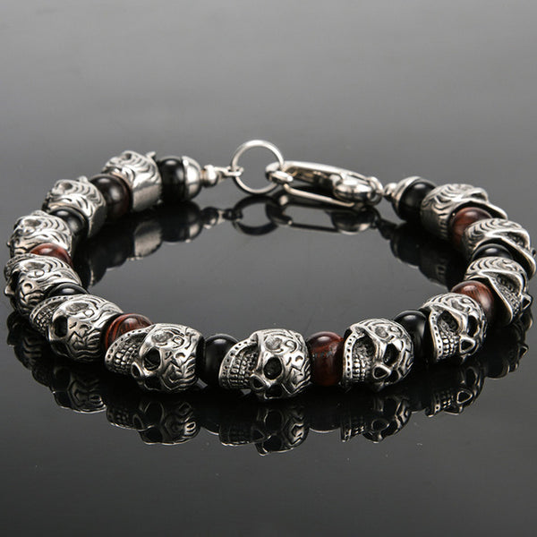 Natural Stone Stainless Steel Men Skull Beads Bracelet