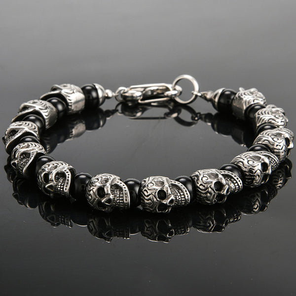 Natural Stone Stainless Steel Men Skull Beads Bracelet