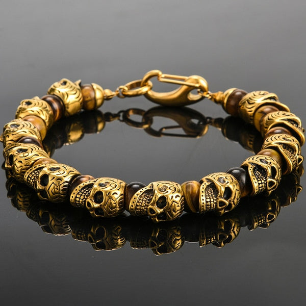 Natural Stone Stainless Steel Men Skull Beads Bracelet