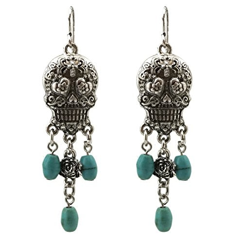 Stone Dangling Sugar Skull Fish Hook Earrings