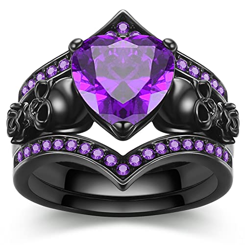 Gothic Black Rose Flower Skull Ring Set