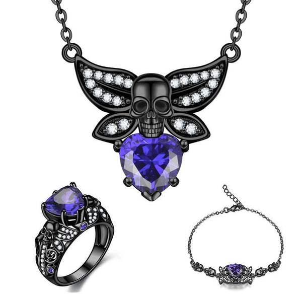 3PCS Fashion Skull Necklace Bracelet Ring Crystal Zirconia Set
